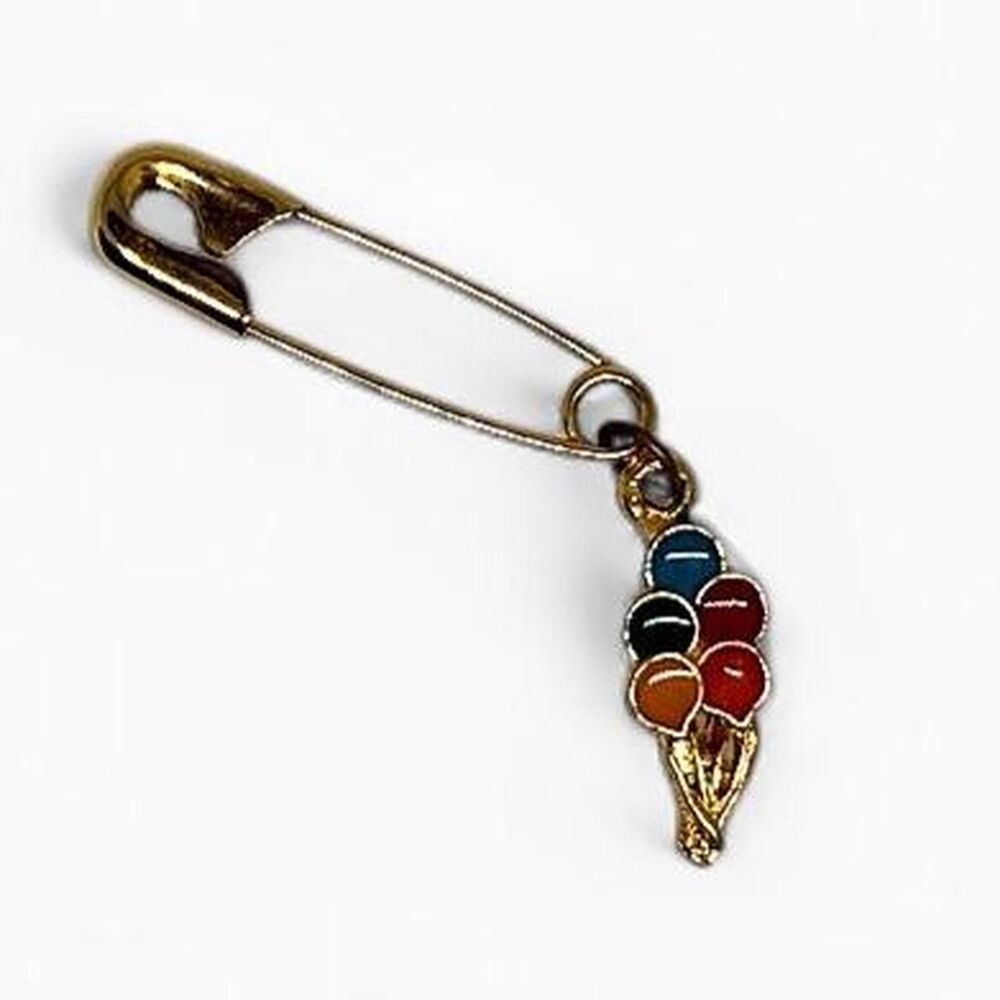 Vintage Gold Tone Safety Pin Brooch Multi Color Enamel Balloon Bunch Charm Pin